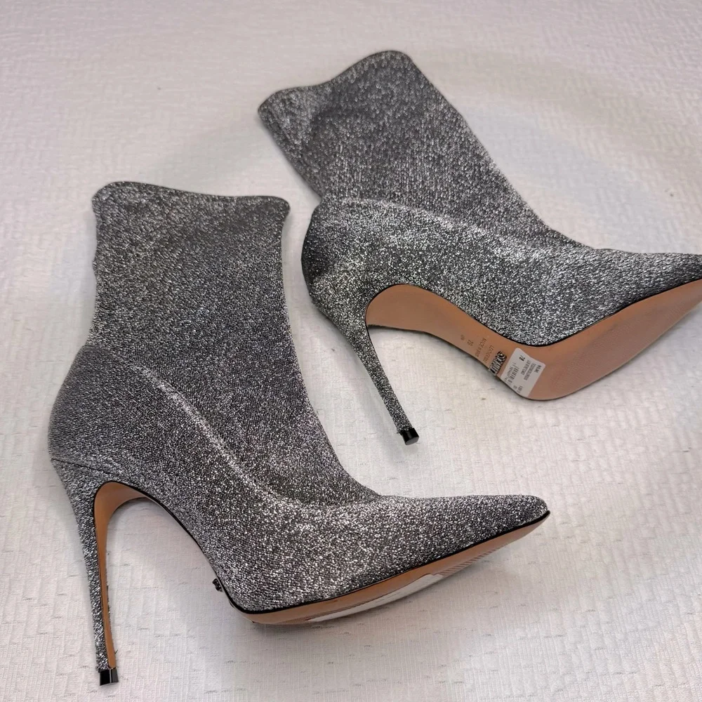 $258 SCHUTZ Silver Metallic Stretch Heeled Ankle Booties 9.5 NWT